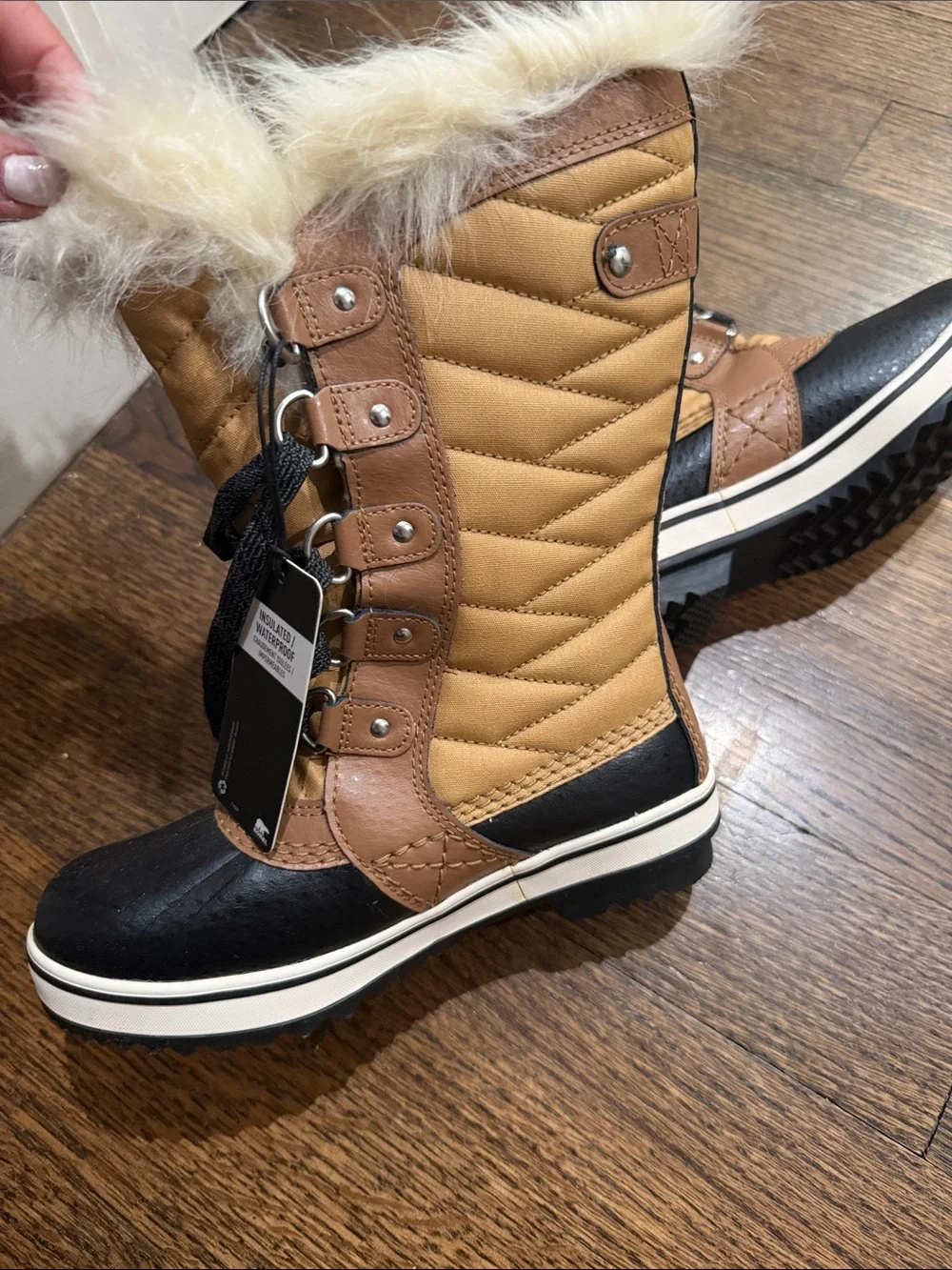 Sorel Kids Lace-Up Winter Boots in Black and Tan with Cream Faux Fur